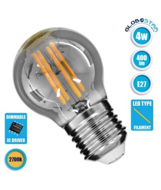 GLOBOSTAR® SPHERE 99064 Λάμπα E27 G45 LED 4W 400lm 360° AC 220-240V IP20 Θερμό Λευκό 2700K Dimmable - Filament Chip - Μαύρο Φιμέ - Μ4.5 x Π4.5 x Υ7.7cm - 3 Χρόνια Εγγύηση